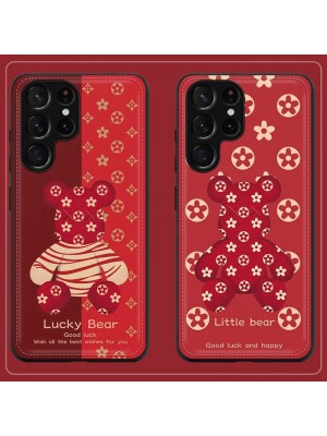 革製 熊柄 iPhone14Max/13proカウズケース ブランド 鮮やか Galaxy S22plus/S22 Ultraフルーカバー 可愛い エクスぺニアXperia10iv/1iv携帯ケース 赤 ファッション