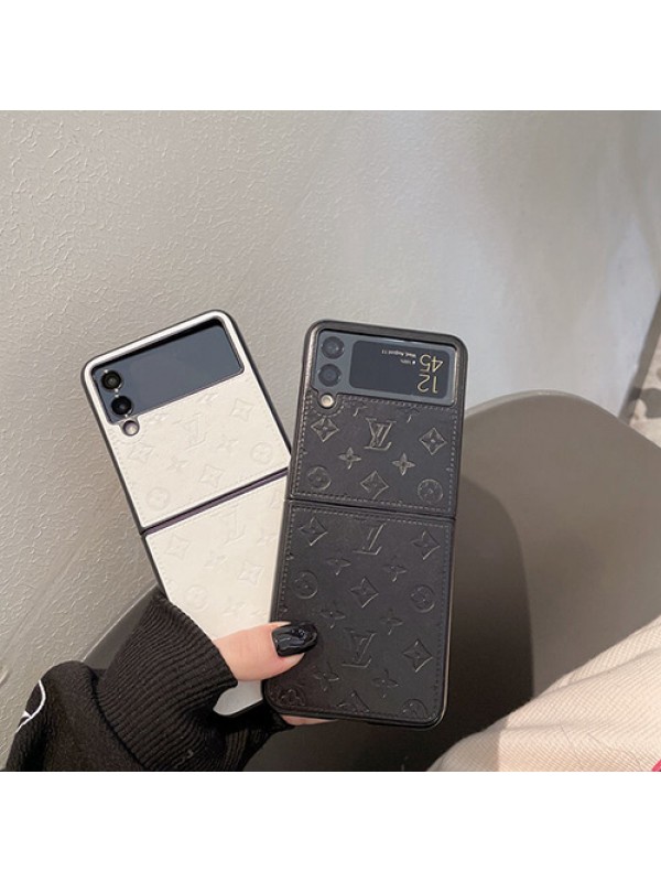 ルイヴィトン Samsung Galaxy ZFlip4折り畳みケース ブランド 押し花 モノグラム シンプル 黒白二色 Louis Vuitton ギャラクシーZFlip3レザーカバーケース 革製 高級感 高品質 